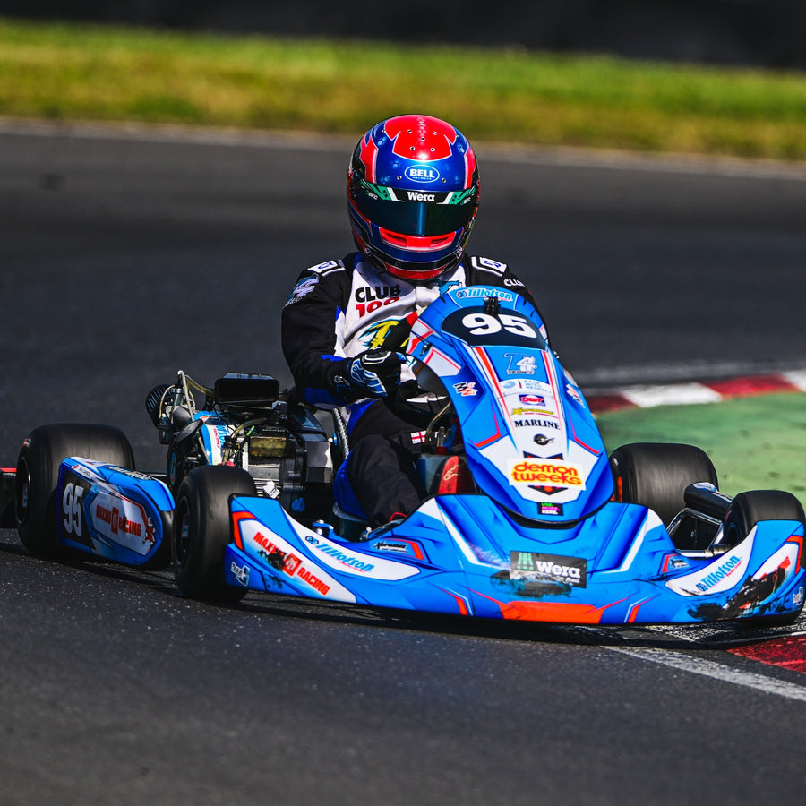 Max Davison in a custom CR X-PRO kart suit
